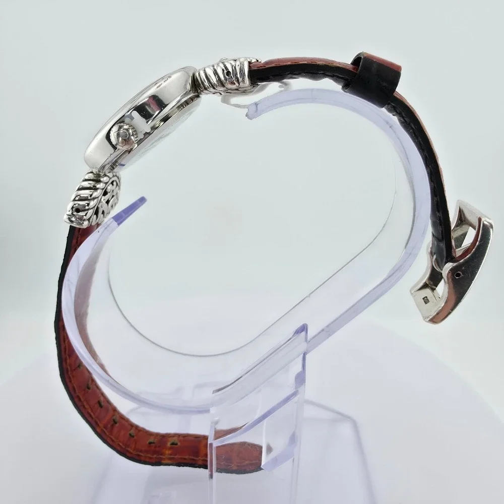 BRIGHTON 'Somerset' Watch Reversible Leather Black Brown Band Silver Plate 6.75